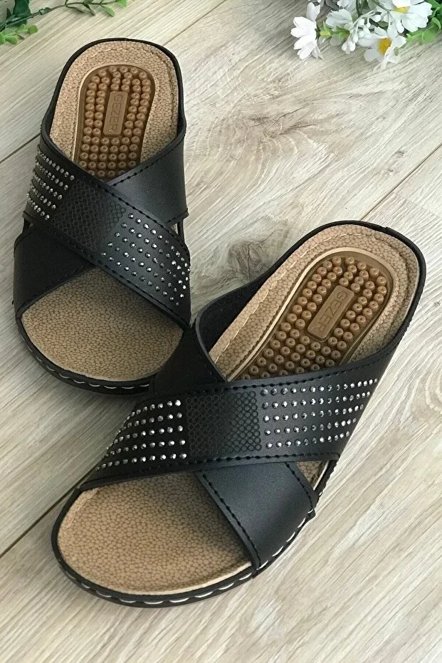 Black Mother Slipper with Massage Sole and Cross Stone Detail