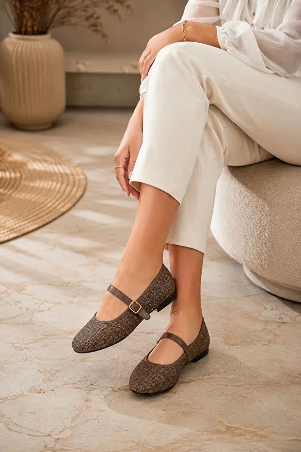 Women's Mink Tweed Fabric Buckled Strap Ballet Flats Chic Lightweight Comfortable Daily Shoes