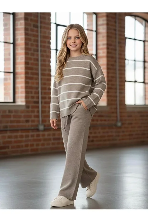 Girls' Knit Sweater Set Top, Bottom Dark Beige 6/14 Years