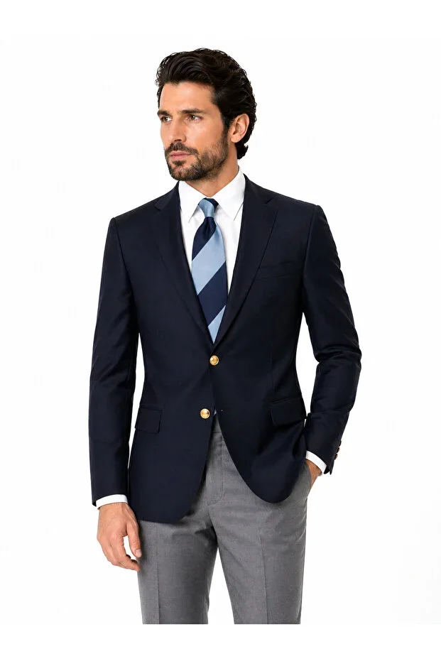Men's Navy Blazer Jacket – Slim Fit, Gold Buttoned, Classic Chic Single Jacket