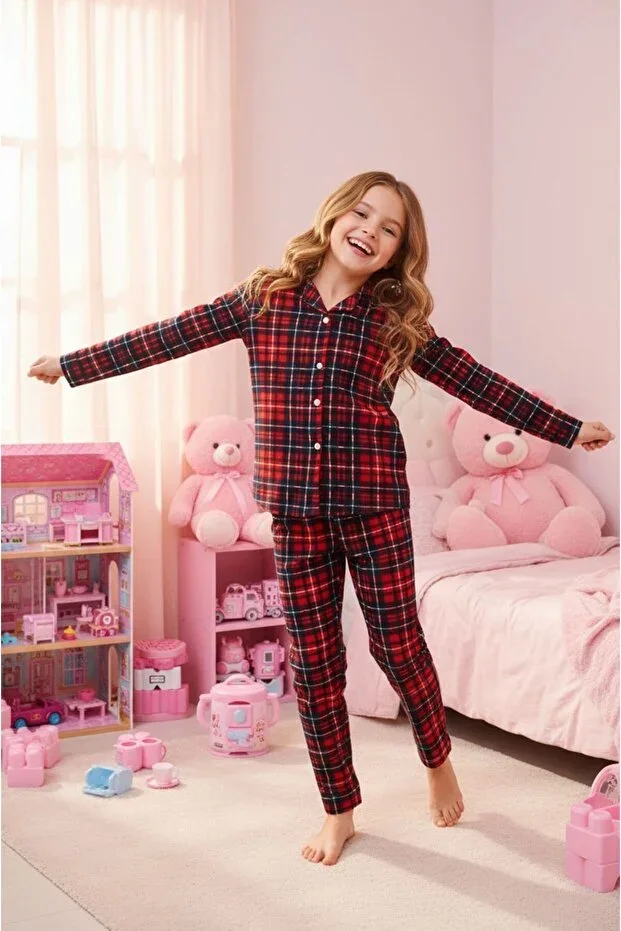 Girl's Suede Buttoned Plaid Long Sleeve Pajama Set