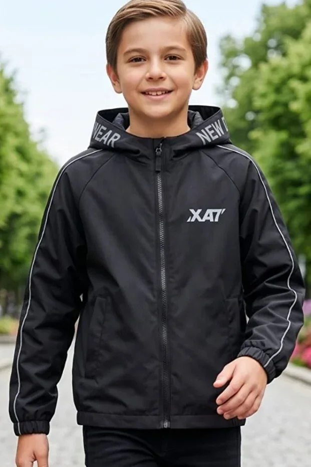 Boys Hooded Striped Sleeve Printed Bondik Fabric Seasonal Jacket MM5011