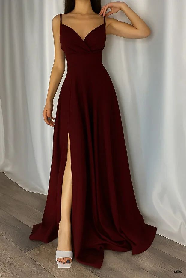 LACASE Women Burgundy Crepe Fabric Slit Detailed Evening Dress