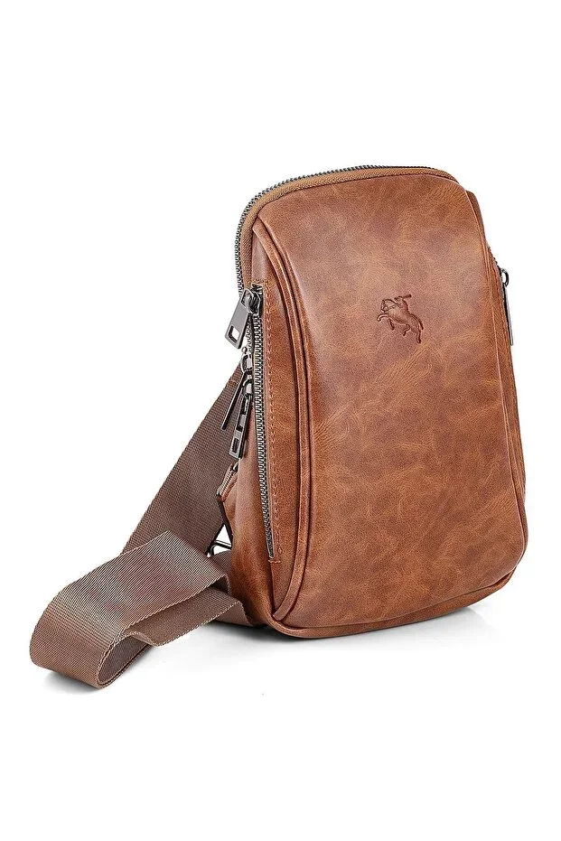 Men's Shoulder Bag Cross Chest and Backpack Body Bag Tabacco Vegan Leather Etn-72-t