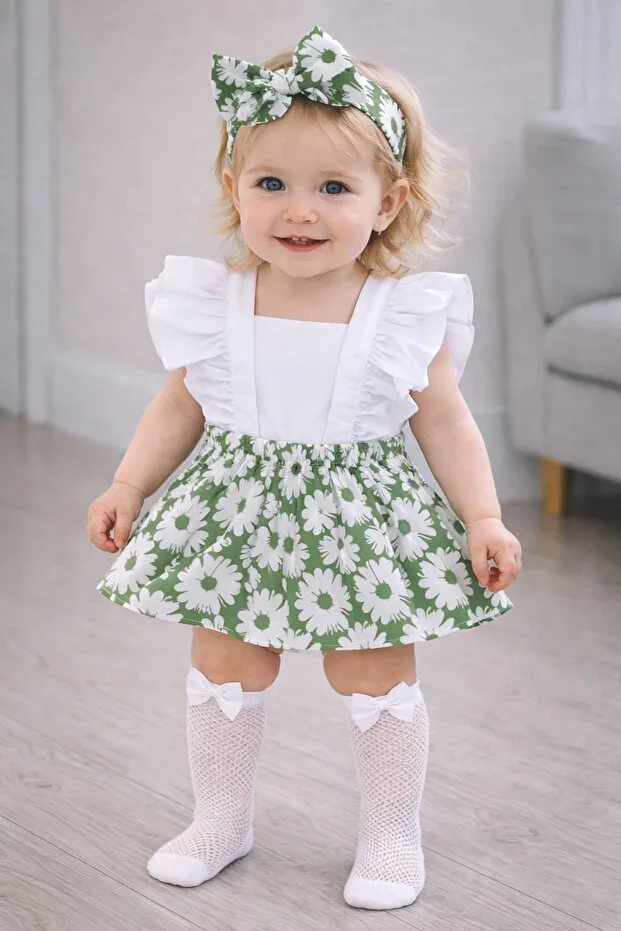Girls Green Daisy Print Ruffle Slopet Bandana White Mesh Sock Set