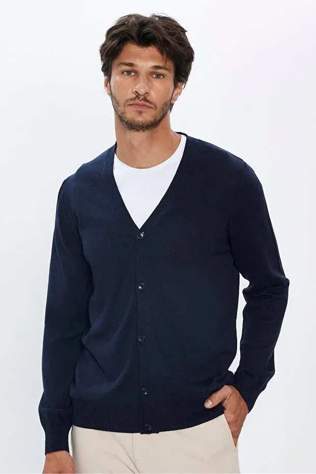 Men's Standard Fit Button-Down Plain Cotton Blue Navy Cardigan