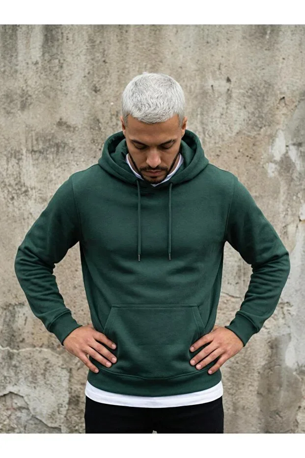 Standard Fit Cotton Soft Texture Basic Hooded Kangaroo Pocket Khaki Green Sweatshirt