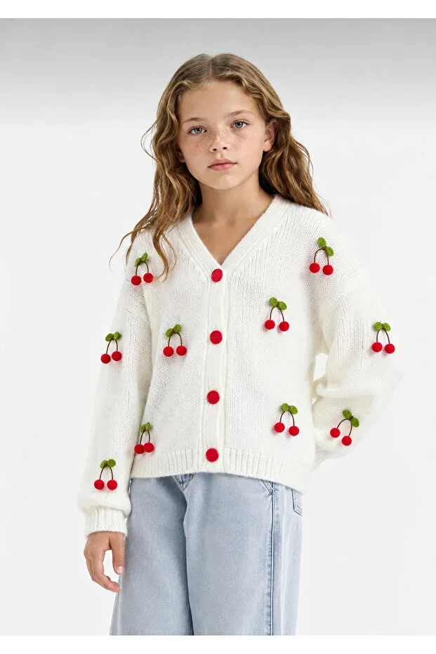 Stylish Buttoned Cardigan with Cherry Accessory 00LUS