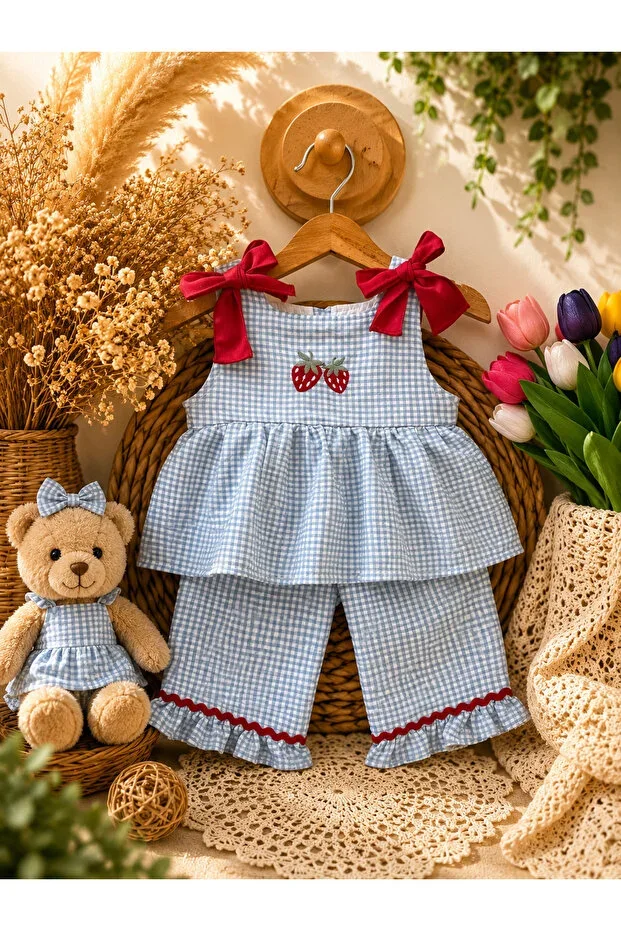 Strawberry Embroidered Bow Detailed Plaid Gingham Ruffled Wide Leg 2-Piece Baby Girl Set