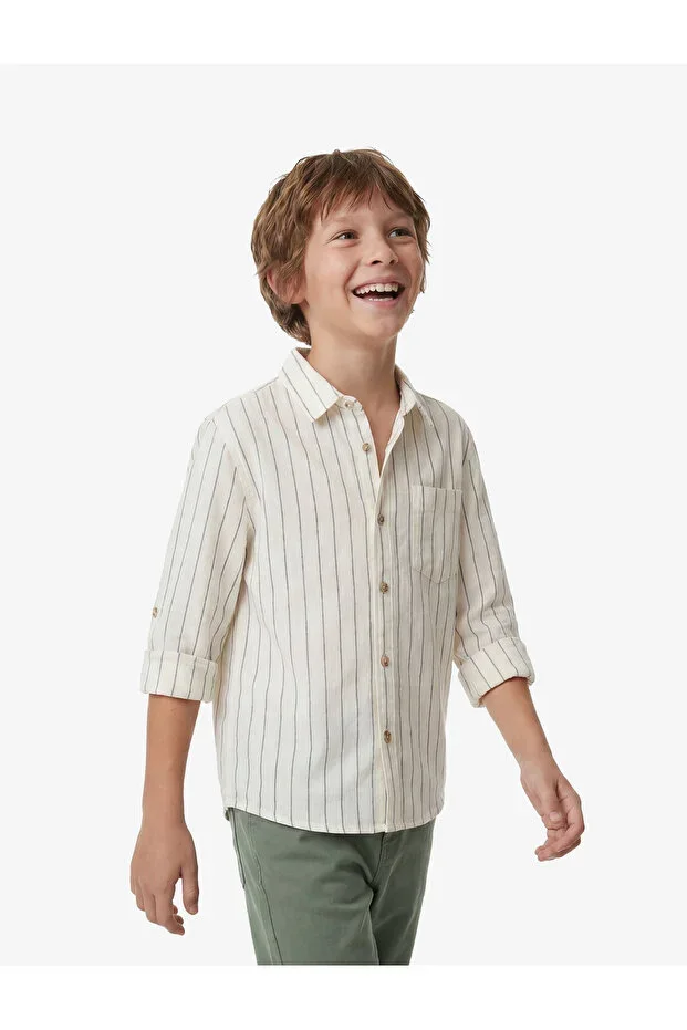 Cotton Long Sleeve Pocket Detailed Striped Shirt