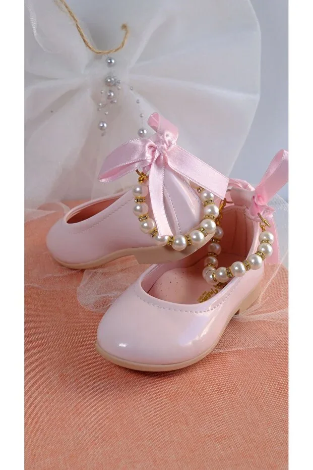 Girls Shiny Pink Beaded Ballet Flats