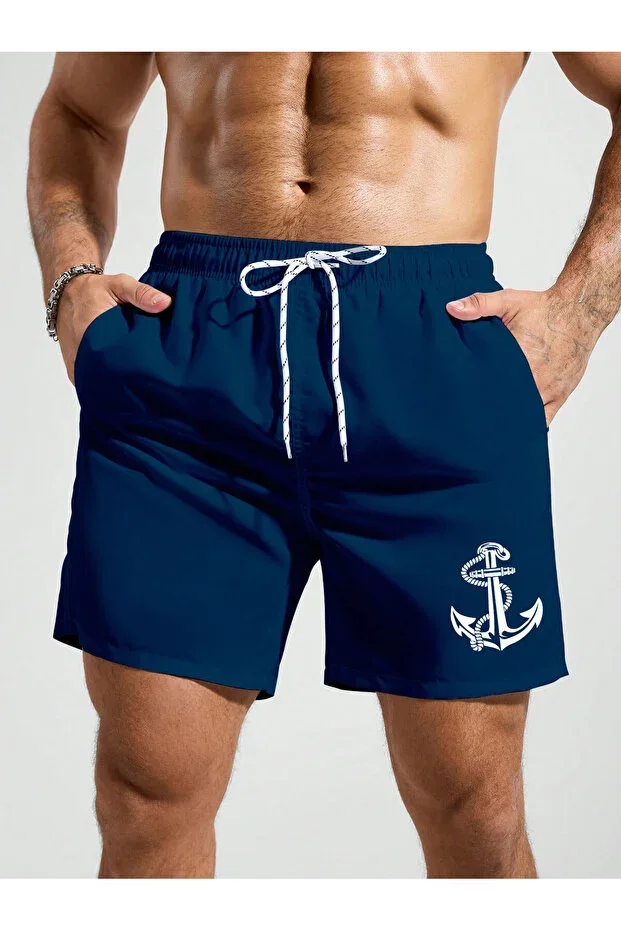 Navy Blue Men's Basic Standard Length Swim Shorts