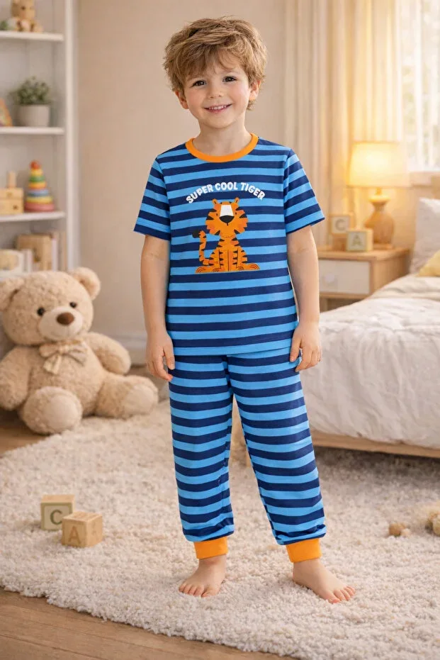 Boys Cotton Striped Printed Short Sleeve Long Bottom Pajama Set