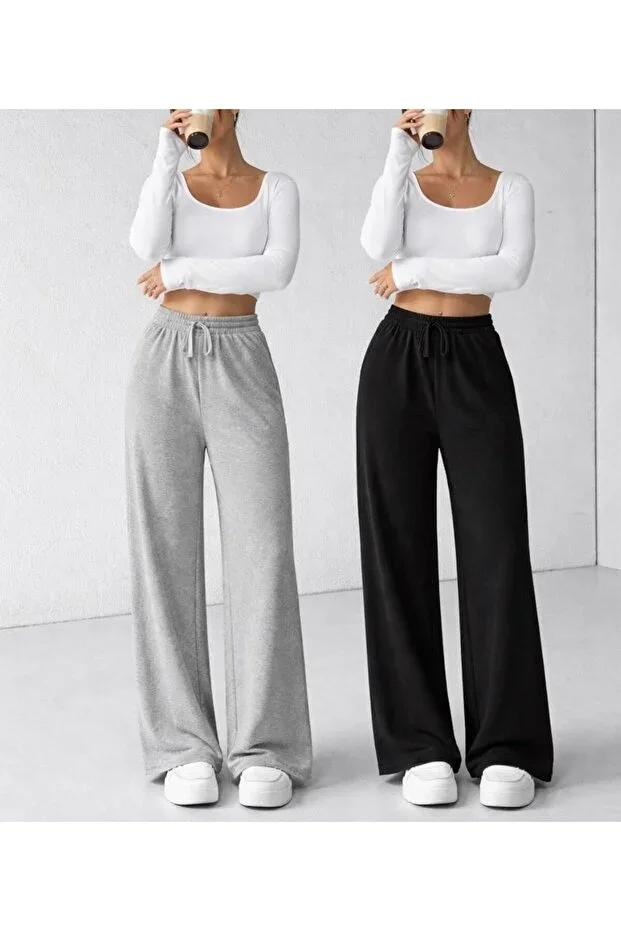 2 PCS BLACK+GRAY COMFORT FIT WIDE LEG SIDE POCKET SUMMER SWEATPANTS