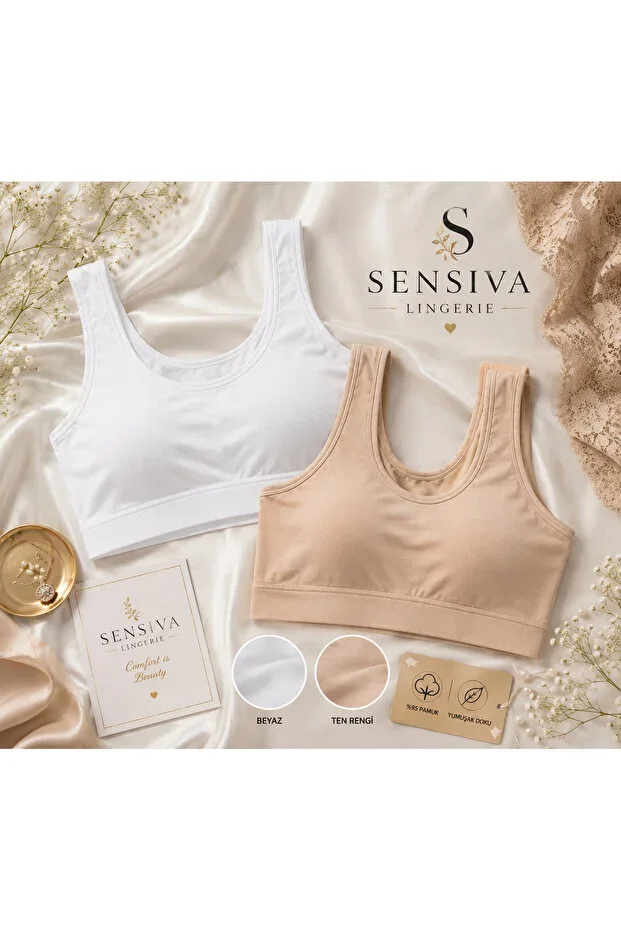 2-Piece Set Thick Strap Cotton Jersey Bralette - Wireless Underwire Half-Sleeve White - Nude (2-Piece Pack Inside)