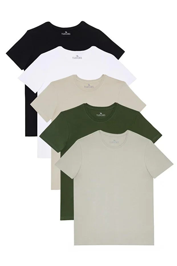 Unisex 5-Pack Black-White-Stone-Grey-Khaki Slim Fit Narrow Cut 100% Cotton Crew Neck T-Shirt