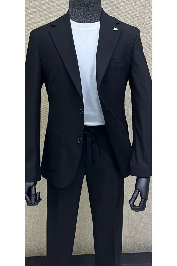 Suit Slim Fit Casual Sports Jacket Trousers Black