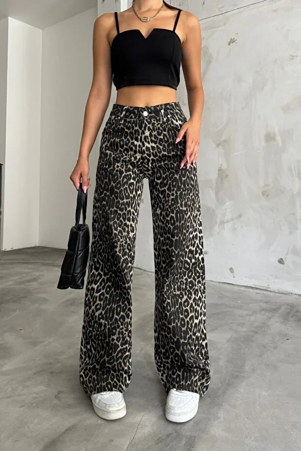 BİKELİFE Women's Leopard Print High Waist Wide Leg Stretchy Palazzo Pants