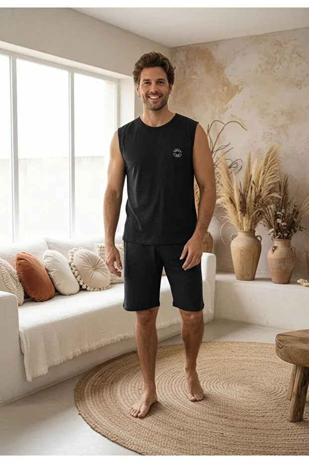 Embroidered Sleeveless Pajama Set with Shorts for Men
