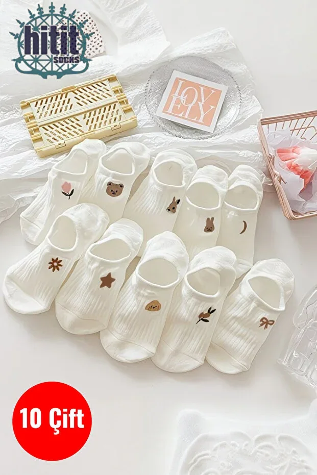 Women's 10 Pairs Premium Flower and Animal Pattern Invisible Ballet Socks Sugar White