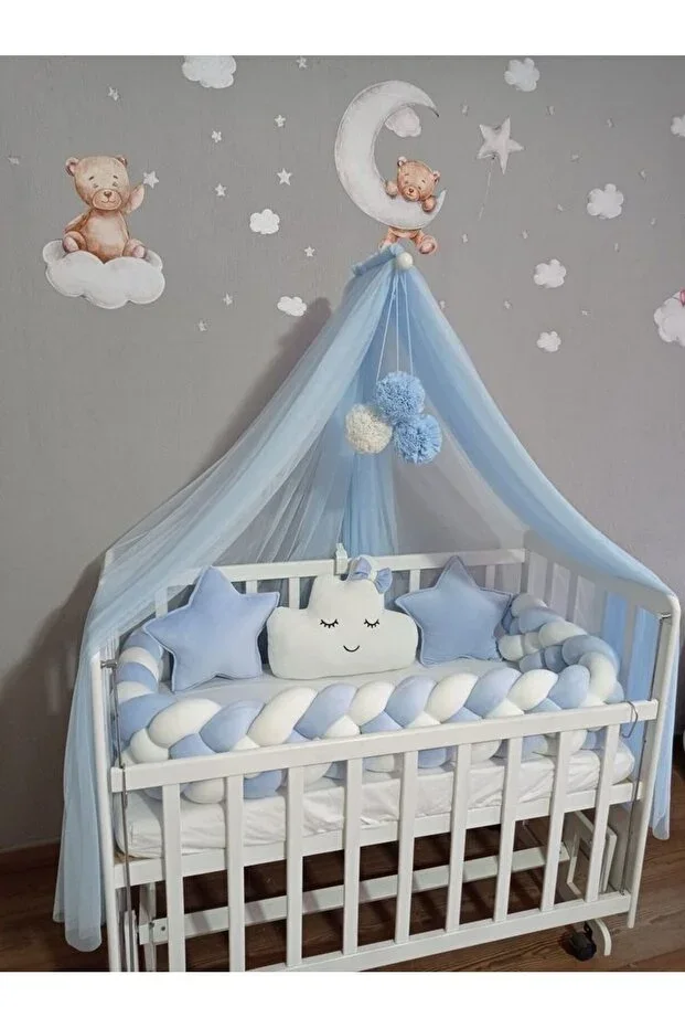 NO CRIB 60x120 cm Blue Baby Sleep Set Knit Protector Mosquito Net Duvet Cover Set 12 PIECES