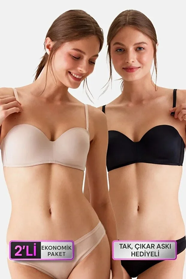 2'li Economic Pack Black-ten 6800 Ales Ultra Light Full Cup Padded Micro Strapless Bra Set