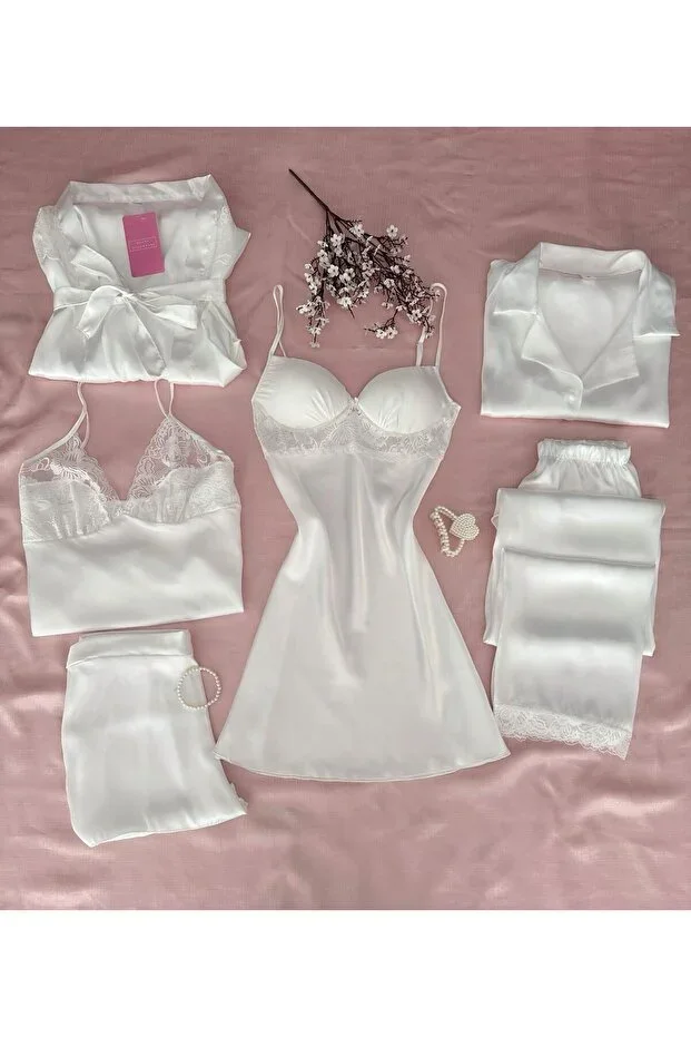 6-Piece Nazlı Boxed White-Covered Nightgown Robe Pajama Trousseau Set