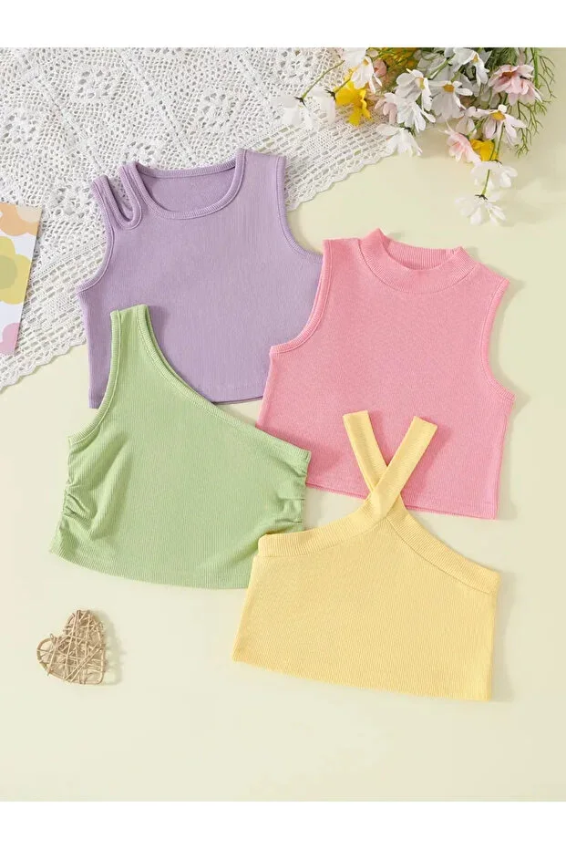 Girls' Strap Crop T-shirt with Collar Detail Mixed 4-Piece Set