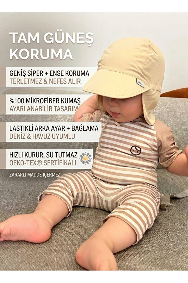 Beige, Flap Legionnaire, Neck Protection, Tie-Back, Elastic Adjustment Buckle, Children Baby Sun Hat