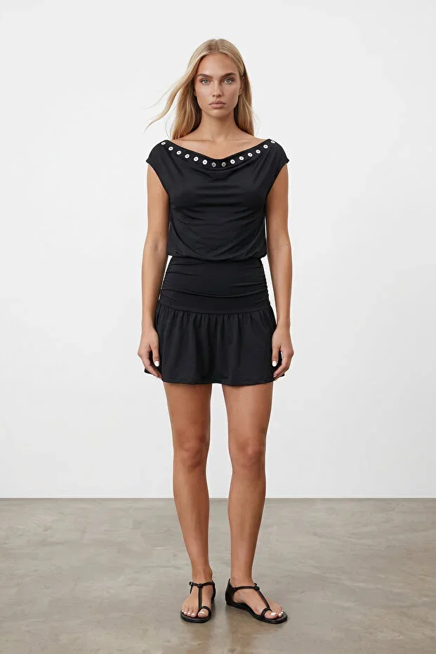 Black Boat Neck Button Detailed Sandy Dress Alc-X15520