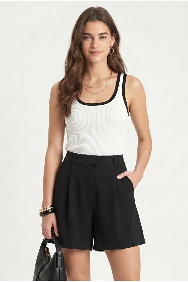 Ritnice Women's Axel High Waist Wide Leg Pocketed Midi Length Woven Black Shorts