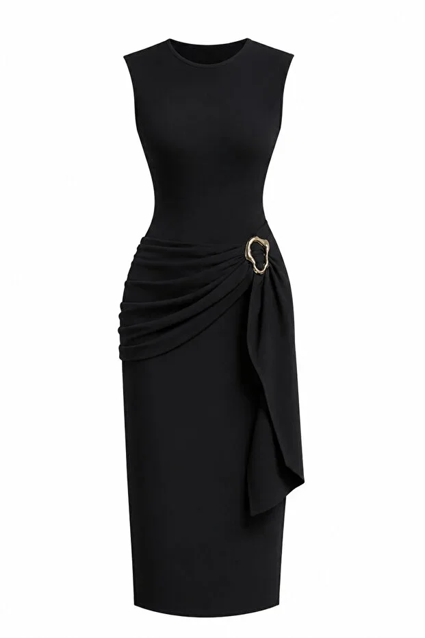 Edela Women's Buckle Detailed Belted Sculpting Fit Maxi Dress 9514
