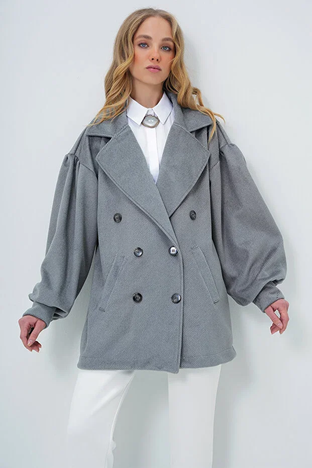 Women's Mélange Grey Shawl Collar Balloon Sleeve Wool Coat ALC-X10913