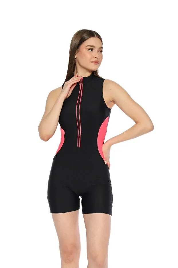 Women's Swimmer Surfer Zippered Shorty Swimsuit Pool Sea Swimwear