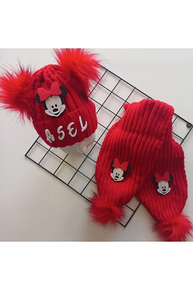 Baby Girl Red Minnie Pom Pom Hat Scarf Set