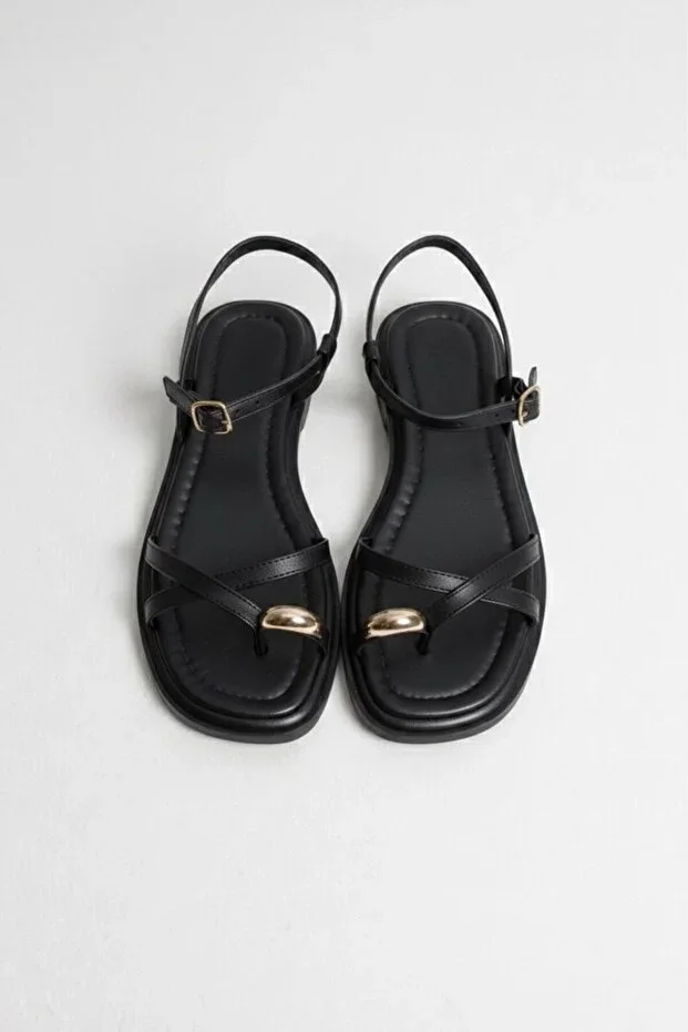 Black Thermo Non-Slip Sole Gold Buckle Detail Toe Separator Sandal