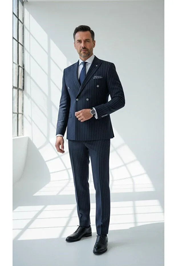 Striped Double-Breasted Men's Suit – Stylish and Comfortable Italian Cut, Fitted Waist, Button Front