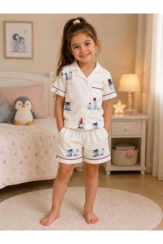%100 Cotton, Penguin Patterned, Soft, Girls' Pajama Set