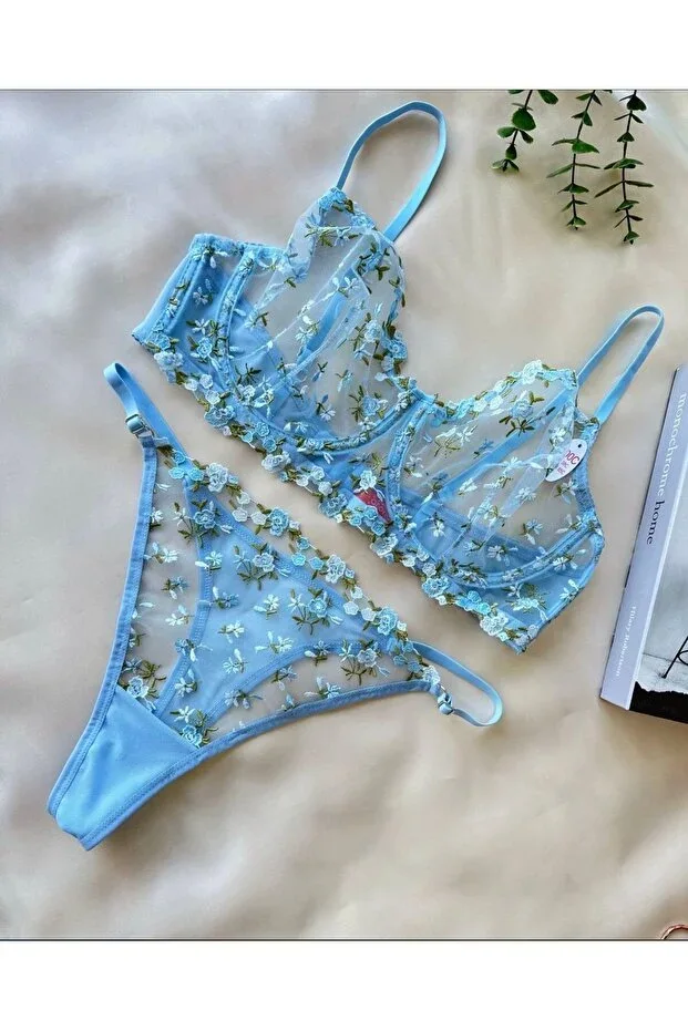 Plus Size C Cup Blue Crispy Floral Patterned Lace Bralet Set