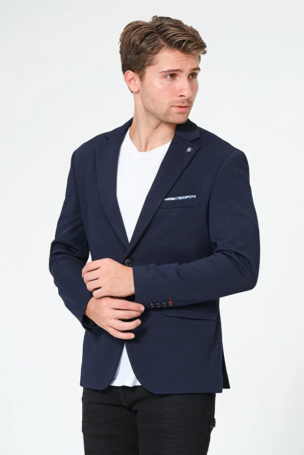 Navy Handkerchief Detail Blazer, Classic Slim Fit Men's Jacket
