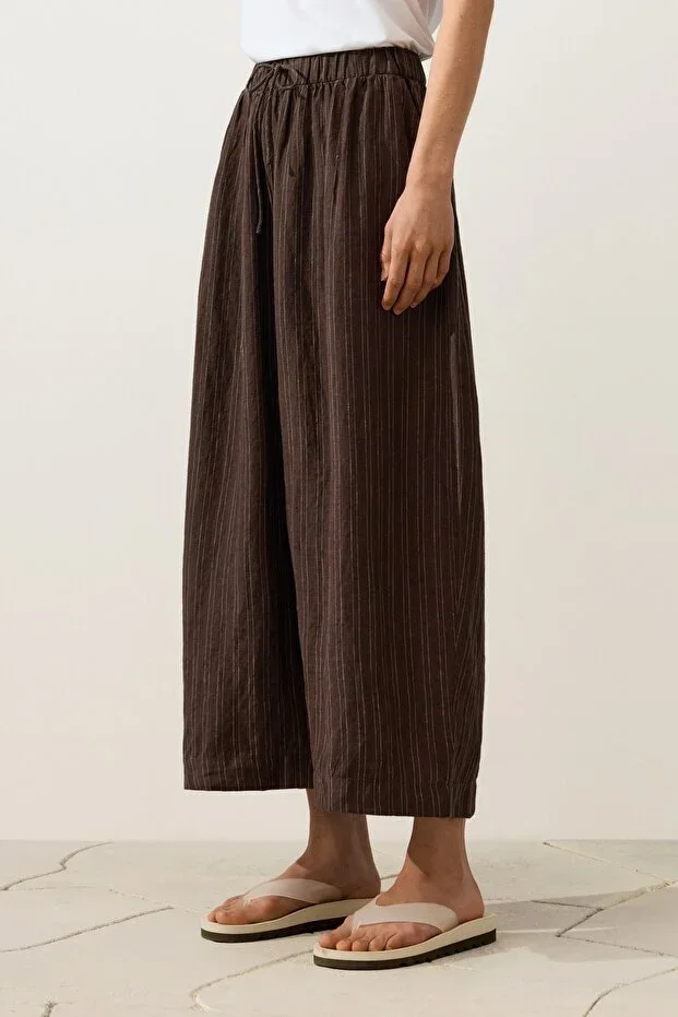 Oysho 100% Linen Striped Balloon Crop Trousers
