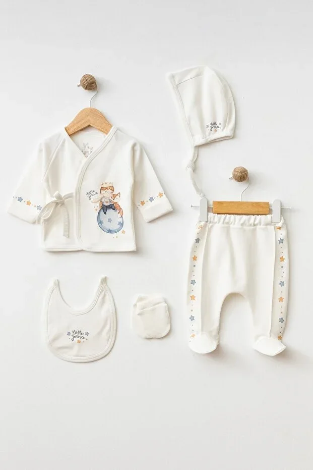 Baby Boy Hospital Exit Little Prince Printed Lora Hat %100 Cotton 5 Piece Newborn Set 0-3 Months