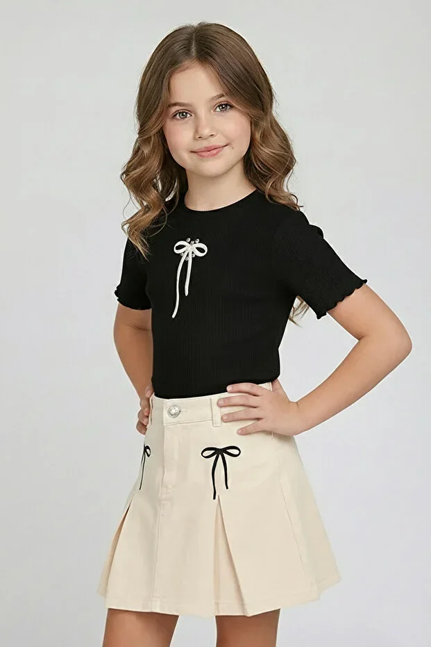 Girls' Short Sleeve Ribbed Bodysuit with Bow Embroidery and Rhinestones