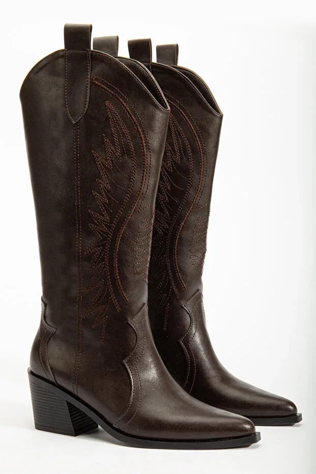 Acı Dark Coffee Matte Leather Embroidered Cowboy Boot