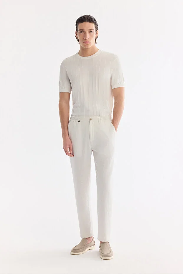 Men's White Elastic Waist Linen Blend Relaxed Fit Trousers A61Y3204