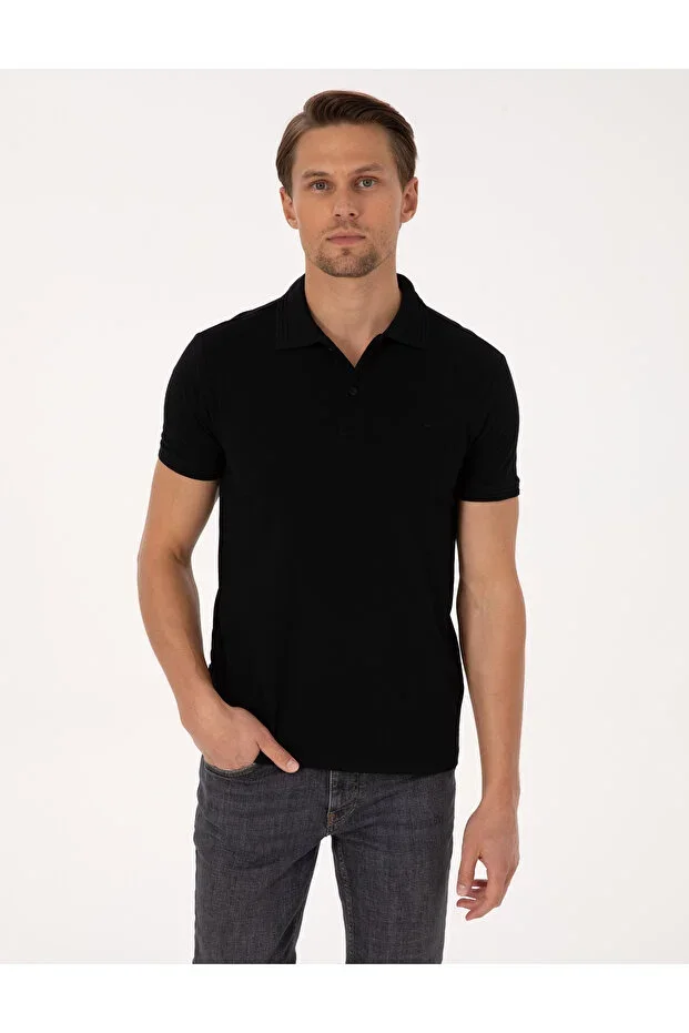 Black Slim Fit 100% Cotton Non-Iron Buttoned Polo Neck Basic T-Shirt 50325323-VR046
