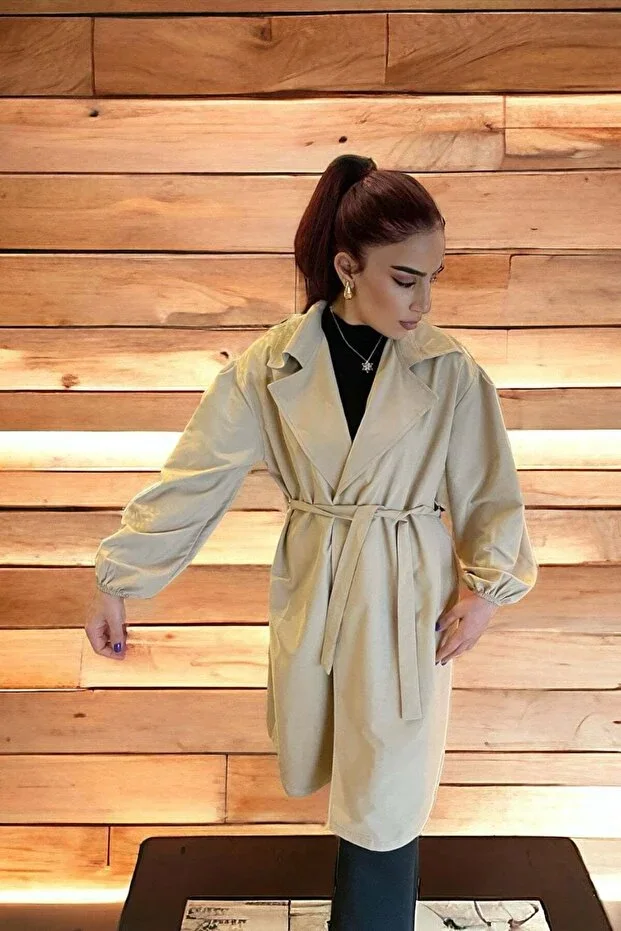 Belted Balloon Sleeve Trench Coat