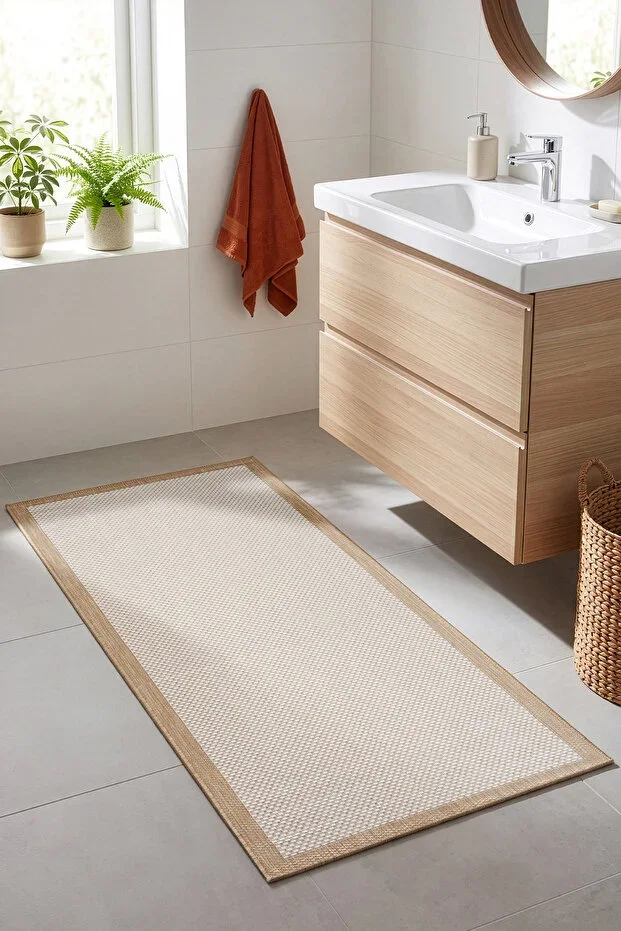 Fresco Ecru Natural Washable Scandinavian Bordered Bathroom Mat 80 x 150 23745P