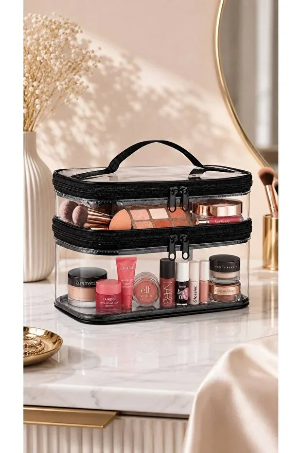 Transparent Women's Makeup Bag Two Spacious Compartments With Strap Foldable Care Travel Organizer Makeup Bag