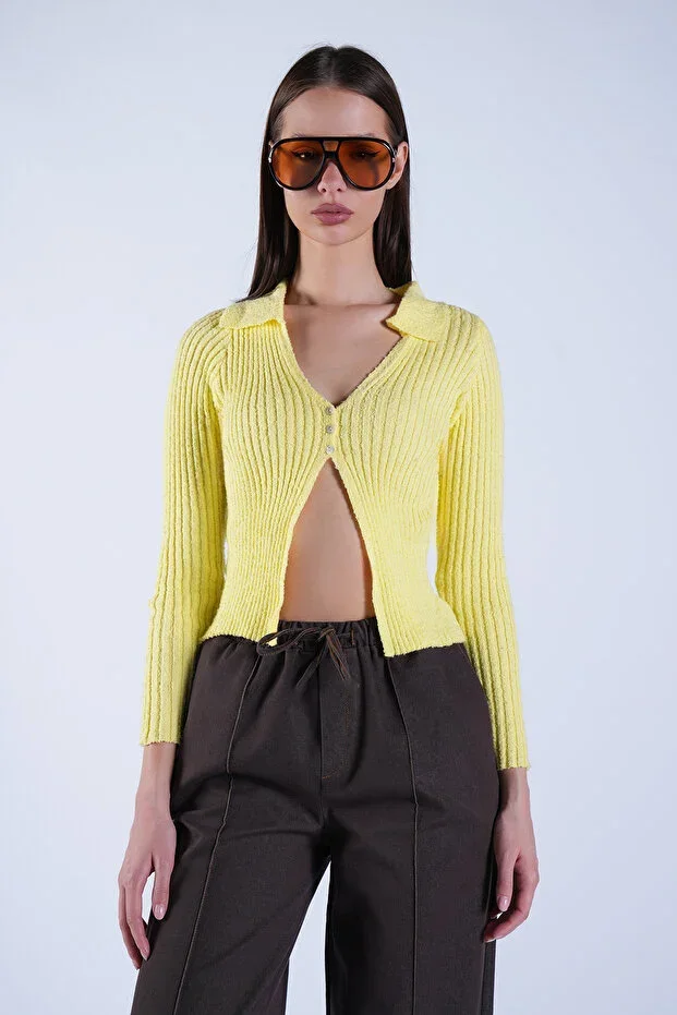 Yellow Polo Neck Knitted Cardigan ALC-X15128